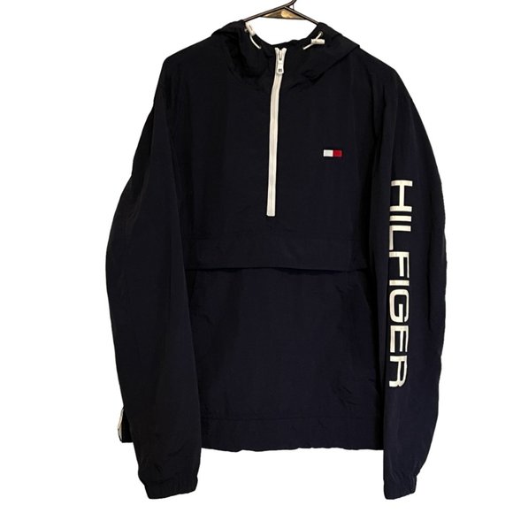Tommy Hilfiger Navy Lightweight Retro Pullover Hooded Windbreaker Men's Size M - Picture 1 of 5